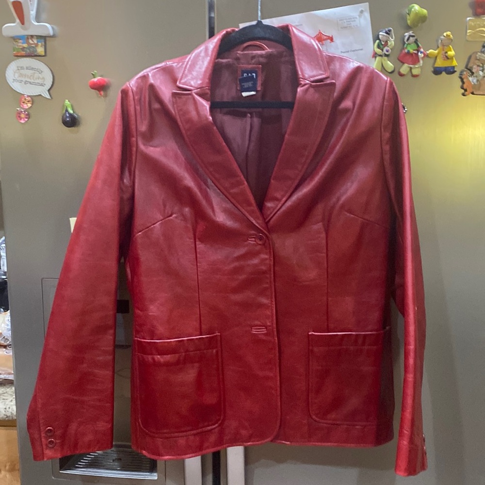 Red leather jacket.
